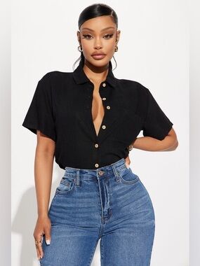 NWT Fashion Nova Just Another Day Linen Shirt Black Short Sleeve Button Down